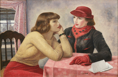 Abraham Leon Kroll was awarded nearly every major painting prize over the course of his career. He studied at the National Academy of Design and later taught there. The rosy palette and the structure of his 1938 oil on canvas "The Conversation†draws the view into the picture.