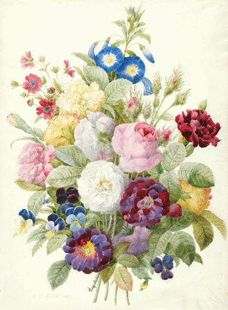 Pierre-Joseph Redouté (1759‱840), "Bouquet of flowers,†watercolor on vellum, 1839. This bouquet was painted by Redouté in his final year and was acquired by Rachel Hunt in the last year of her life, capping a history of collecting Redouté items one at a time over decades, including portraits and handwritten letters.