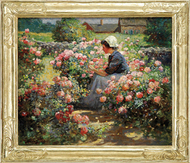 Of the nearly 700 paintings and bronzes, the centerpiece was a work by Abbott Fuller Graves. Depicting a young woman seated in a rural Maine flower garden setting, the oil on canvas brought $109,250.