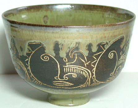 A bowl from the late 1950s in a mottled green glaze was incised with abstract faces. The bowl was part of the collection of Lucille and Isadore Zimmerman, who bequeathed it to the Currier Museum of Art.