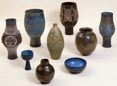 A selection of the wide-ranging forms and styles of pottery created by Mary and Edwin Scheier during their careers between 1939 and 2008.