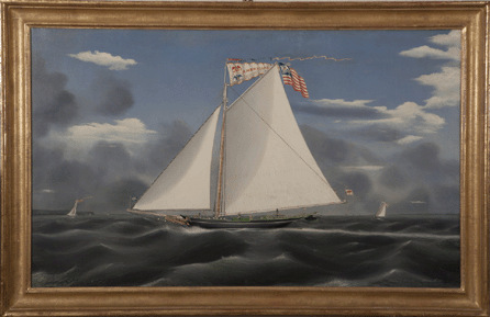 Dating to 1856, "American Eagle†is one of three known James Bard paintings of sloops. A good buy at $212,400 ($80/120,000), the oil on canvas portrait was Northeast's top lot, selling to a private collector bidding by phone. The subject of a smaller Bard portrait formerly in the collection of the New-York Historical Society, American Eagle was the fastest sloop in Haverstraw Bay in the mid-Nineteenth Century. Bard's portrait of the schooner Norma fetched $247,750 at Sotheby's in 2001. 