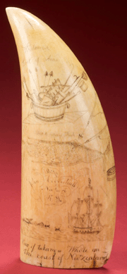 This 7¼-inch-long sperm whale tooth, formerly in the Gosnell collection, is engraved with the whaleman's coat of arms and a view of the ship John Coggeshall of Newport, R.I. The reverse side illustrates an encounter with a whale off the coast of New Zealand. Attributed to Thomas or Caleb J. Albro of, Portsmouth, R.I., the tooth sold to a phone bidder for $63,720. Northeast passed it at a higher estimate a year ago. 