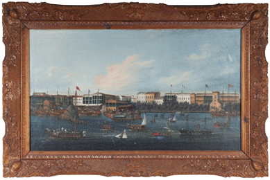 In its original teakwood frame, this oil on canvas view of the Hongs at Canton was painted in the 1850s and brought from China by Captain Edward R. Chase of Harwich Port, Mass. Chase was lost at sea a decade after commissioning the portrait, which descended in the family to sell for $23,600.