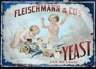 An early tin advertising litho for Fleischmann's Yeast, pre 1900s, by Sentienne & Green. The firm is still in existence, according to dealer Larry Shapiro, Glastonbury, Conn.