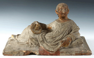 This Etruscan athlete's sarcophagus cinerary urn lid in painted terracotta, circa 150‱00 BC, sold for $40,250.
