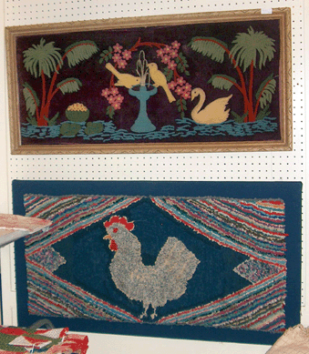 Lynne Weaver, Wenham, Mass., was showing two pieces of textile art. The top piece was described as a form of trapunto, while the rooster is a more traditional hooked mat.
