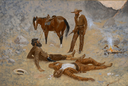 Frederic Remington, "He Lay Where He Had Been Jerked, Still as a Log,†oil on canvas,  24¼ by 36¼ inches, sold for $1,583,000.