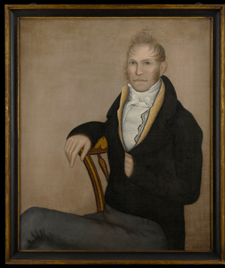 "Milton Dorr,†attributed to Ammi Phillips (1788‱865), Hoosick Falls, N.Y., circa 1814‱5. Oil on canvas with original gilt frame. This picture belongs to a well-documented group of portraits depicting prominent members of the Dorr family painted by Ammi Phillips between circa 1814 and 1816.