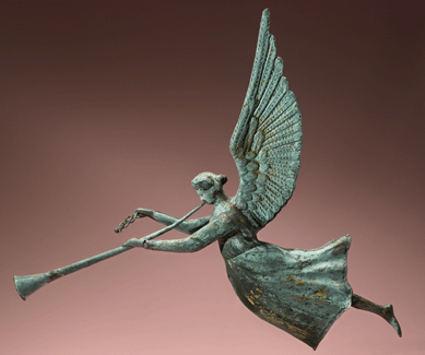 Flying Fame weathervane, possibly New York, circa 1880‹0. Copper, zinc, traces of original gold leaf, verdigris. This is one of a small group of Fame weathervanes and the only known example that is depicted in a flying rather than a standing pose. Experts have suggested E. G. Washburne & Co., J.L. Mott Iron Works or J.W. Fiske of New York as possible makers. 