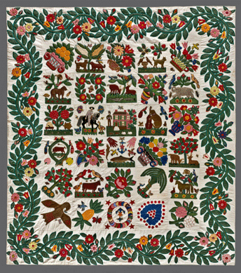 Berger-Miller quilt top, Baltimore, Md., circa 1850. Cotton and wool fabrics, appliquéd, stuffed and embroidered in silk and wool. This quilt top descended in the family of William Joseph Berger and his wife, Evelyn Frances Berger, of Baltimore. It belongs to a small group of Baltimore-style album quilts known to have been made by Jewish women.