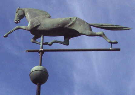 Copper running horse weathervane of either gold leaf or yellow paint underneath the horse's belly, circa 1860s to 1900, 41 inches between the front hoof and the tip of the tail.