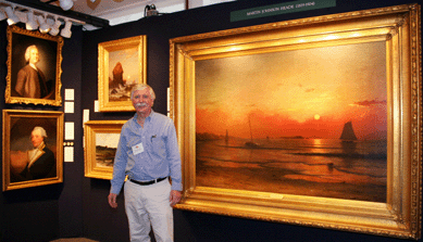 Martin Johnson Heade's monumental "Coast of Newport,†$3.5 million, a 51-by-72-inch oil on canvas of 1874, was an attraction at William Vareika Fine Arts, Ltd, Newport, R.I. The dealer is standing in front of the painting that was first exhibited at the Louisville Industrial Expo in 1875. 