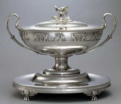 In replacing nearly all household effects in the White House that were lost when the British burned the residence in 1814, President James Monroe relied heavily on imported French furnishings, including this silver French Empire soup tureen, circa 1809‱817. Made in Paris by Jacques-Henri Fauconnier, it was customized with American eagle finials. US government purchase, 1817.