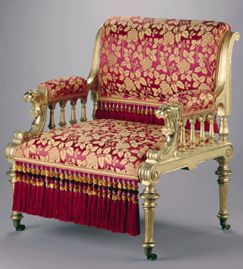 This resplendent gold and red gilded ash armchair with carved lion heads, circa 1875, was made by prominent New York interior designers Herter Brothers as part of an ensemble to furnish First Lady Julia Grant's Red Room. It was consistent with White House tendencies to decorate in the Victorian aesthetic toward the end of the Nineteenth Century. US government purchase, 1875.