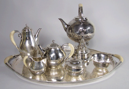 A sterling coffee and tea service, in the Cosmos pattern, designed by Johan Rohde for Georg Jensen in 1930, sold for $29,250.