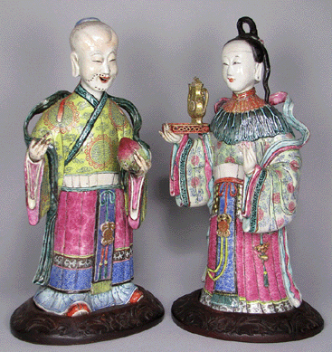 A pair of Qianlong famille rose figures, circa 1775, came from a Beacon Hill estate and sold for $11,700.