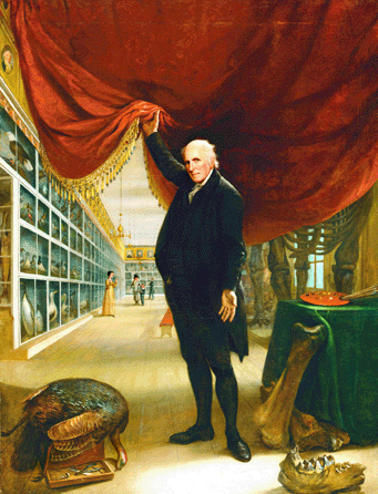Charles Willson Peale's iconic self-portrait "The Artist in His Museum,†1822, greets visitors at the entrance to the exhibition. The painting "embodies the ideas set forth in the exhibition,†says curator Perry. In the painting, Peale †museum founder, artist, scientist and inventor †depicts himself at the threshold of his museum, a democratic reinterpretation of an Old World "wunderkammer†or cabinet of curiosities. Its galleries were filled with portraits of the founding fathers, natural history specimens, mechanical inventions and a massive mastodon skeleton. 
