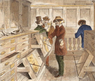 "Patent Office, Washington DC †Examiners at Work,†a hand colored wood engraving on paper from 1869 by Theodore Davis.