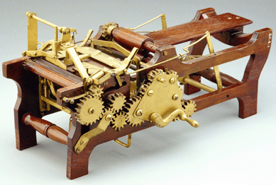 Patent models in the exhibition include this extremely intricate model of a machine for making paper bags, US Patent No. 220925 from 1879. The model represents a historical moment not only for the invention itself, but the fact that it is among the earliest submissions of a patent application by a woman, Margaret E. Knight, who was born in York, Maine, in 1838.