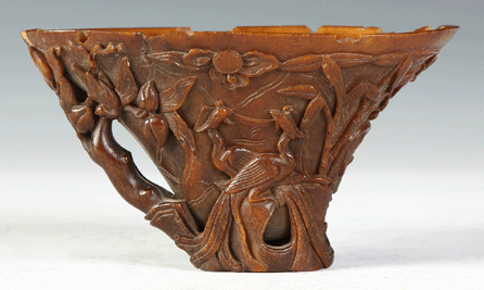 The top lot of the auction was an early rhinoceros horn libation cup carved with herons, various birds and flowers. The cup sold to a Chinese bidder for $230,000, nearly ten times over its estimate.