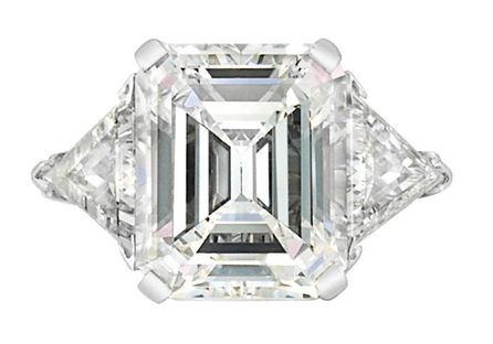 Platinum and diamond ring, emerald-cut diamond approximately 5.26 carats, D color, internally flawless, sold for $266,500.