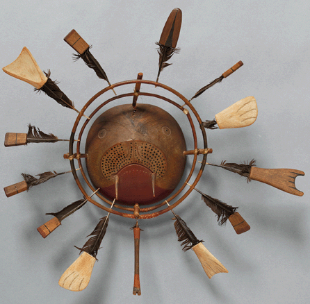 Illustrating how Aboriginal communities relied on indigenous materials, this wooden Yup'ik mask, circa 1930, was created before or in the early days of contact between Europeans and Aboriginal culture. Gift of the estate of Cory Ford, Class of 1921.