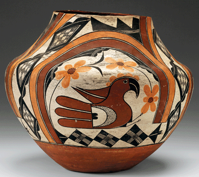 Acoma potters were known for thin-walled ceramics with finely drawn linear patterns, often using a rainbow or parrot motif to convey messages regarding water or agricultural fertility, such as in this water jar (olla) depicting a macaw or parrot with overarching flowers and double rainbow, about 1900, earthenware, painted with colored slips and burnished. Bequest of Frank C. and Clara G. Churchill.