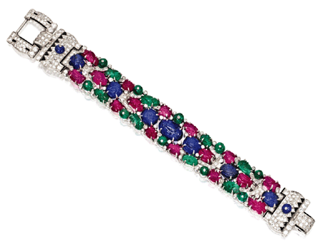 This platinum, carved colored stone, diamond and enamel "Tutti Frutti†bracelet by Cartier, circa 1928, was the sale's top lot at $842,500. It was also the first top lot of a New York sale to sell online since the firm instituted its BidNow feature.