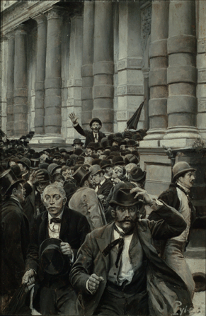 Howard Pyle (1853‱911), "The Rush from the New York Stock Exchange on September 18, 1873,†1895, oil on panel, 18 by 11 7/8 inches, Delaware Art Museum, Museum Purchase, 1915.