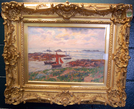A circa 1909 view of sailing boats near Les Glénans, Finistère, off the coast of Brittany by French Impressionist Henry Moret realized $54,625. 