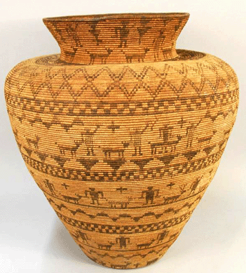 Bidding on a large (30 inches) Southwest coiled pictorial olla with a flared rim opened at $12,000 and only ended when a phone bidder in California got it for $37,375.
