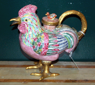 An Eighteenth Century Chinese Export rooster-form vessel with ormolu mounts was $7,475.