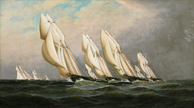 Antonio Nicolo Gasparo Jacobsen (1850‱921), "Racing Schooners,†oil on canvas, 25 by 42 inches, signed lower right "A. Jacobsen N.Y. 1879†sold for $224,500.