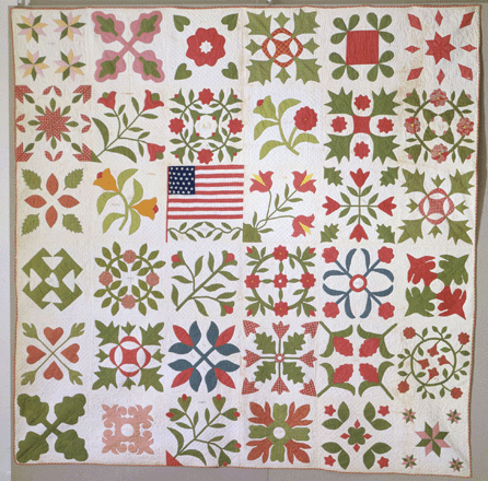 The Potter Album wedding quilt made in about 1864 for bride Mary Nevius Potter by the bride and her friends of Pottersville, N.J., is more loosely organized than the more formal Maryland examples. The inclusion of the flag in one panel indicates the quilters' support of the Union cause. 