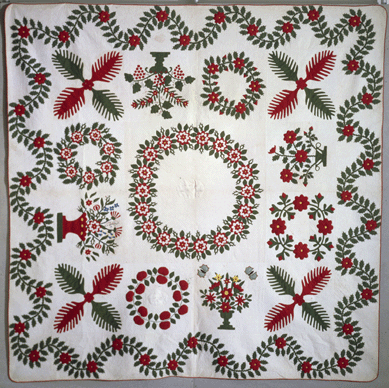 An 1859 album quilt by Carrie Briggs and others of Melrose, Md., was made as a wedding gift to Sallie Coulbourne, whose name appears in the center panel.