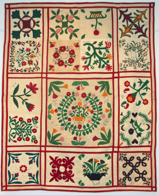 The Hurley Family Album quilt was made in 1867 to honor the Monmouth County, N.J., farming family. The central wreath contains the names of the six Hurley children.