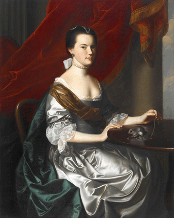 As the go-to portraitist of prominent Bostonians prior to the American Revolution, John Singleton Copley depicted such beauties as "Mrs Theodore Atkinson Jr (Frances Deering Wentworth),†1765. His portrait captured the sheen of her dress, her elegant posture and charm and privileged social standing. Courtesy Crystal Bridges Museum of American Art, Bentonville, Ark.