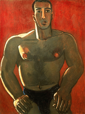 Marsden Hartley created some of his most powerful works after his return to his native state, such as "Madawaska⁁cadian Light⁈eavy,†1940, depicting a muscular boxer from northern Maine. According to curator Christopher Crosman, the painting "reveals Hartley's full-bodied embrace of homosexual desires that up to this point had remained hidden in stylized imagery, encoded in mystical symbols or subsumed in representations of nature's heaving rhythms.†Photograph courtesy Alexandre Gallery, New York City.