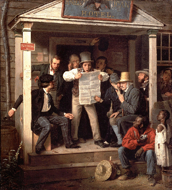 Richard Caton Woodville's "War News from Mexico,†1848, an icon of Nineteenth Century genre painting, shows nine white figures gathered around a symbolic hotel portico to hear the latest about the Mexican-American War. Two African Americans look on, uncertain about what the news means for their future and that of other slaves. Photograph courtesy of the National Gallery of Art, Washington, D.C.