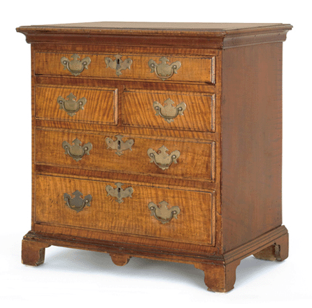 This rare Chester County Queen Anne tiger maple miniature chest of drawers, dated 1764, with cove cornice, graduated drawers and straight bracket feet with center drop, realized $82,950.
