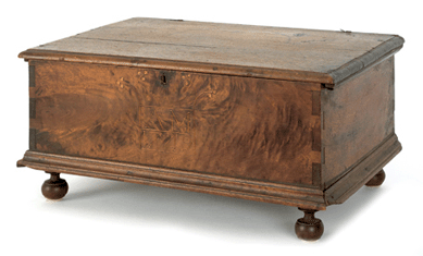 Commanding $49,770 was this Chester County William and Mary walnut bible box with line and berry inlay flanking an inlaid cartouche with the initials and date "AM 1749,†11¼ by 21¼ by 14½ inches.