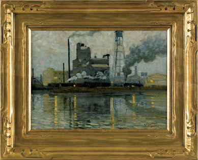 Aaron Harry Gorson (American, 1872‱933), oil on board industrial scene, 11½ by 15¾ inches, signed lower right, retaining a period Newcomb Macklin frame, finished at $14,220.