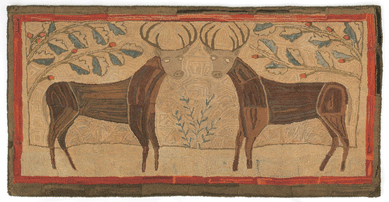 American folk art hooked rug, Nineteenth Century, depicting two large stags standing beneath floral branches within a red border, 65 by 35½ inches, realized $13,035.