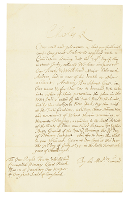 King Charles II's 1674 authorization for Edmund Andros to take possession of New York from the Dutch sold for $120,000.