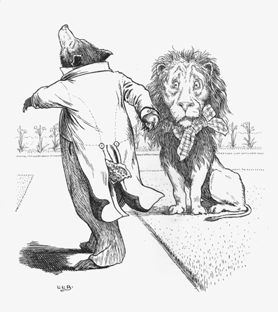 He is not quite Bert Lahr, but the beribboned lion in Leonard Leslie Brooke's "Lion and bear†seems almost human as he gazes at a cavorting bear in the book Johnny Crow's Garden, 1903.