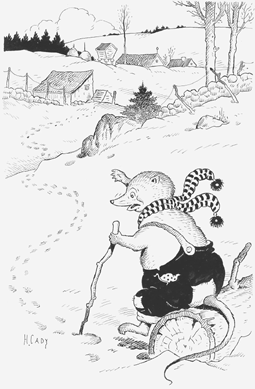 A cartoonist as well as illustrator, W. Harrison Cady employed pen and ink to humanize his hero in "Billy in the Snow†for Adventures of Billy Possum in the 1940s.