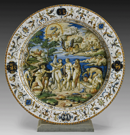 Fontana Workshop, dish with the "Judgment of Paris,†Urbino, circa 1565‷5, tin-glazed earthenware colored with metallic oxides, 16¾ by 2 1/8  inches. The Frick Collection, New York City. Gift of Dianne Dwyer Modestini in memory Mario Modestini. ⁍ichael Bodycomb photo