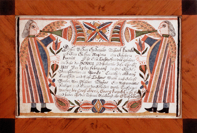 Johann Conrad Gilbert, Southeastern Pennsylvania, late Eighteenth to early Nineteenth Century, did this vibrant Albany Township, Berks County, ink and watercolor on laid paper fraktur birth certificate for Eliesabeth Kunckel, date 1815, the central strip flanked by two trumpeting male angels with striped coats and stylized flowers in bright shades of yellow, red, green and blue, measuring 8 by 13¼ inches. This work is pictured in The Kunkel Family Fracturs by the Reading Museum. The $25,000 high estimate was left well behind as several bidders fought for this piece, only to have it pause at $50,000 and a new bidder jump in with $55,000, winning the lot for $65,175 with the buyer's premium.