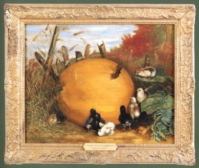 Several paintings by Ben Austrian (American, 1870‱921) were in the sale, included this popular one depicting "Chicks in the Pumpkin Patch,†an oil on canvas signed lower left and dated 1898, retaining the original Newcomb Macklin frame. It measures 20 by 26 inches, had an estimate of $15/25,000, and sold for $65,175.